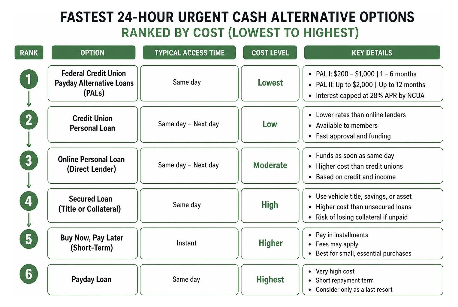 Fastest 24-hour urgent cash alternative options ranked by cost