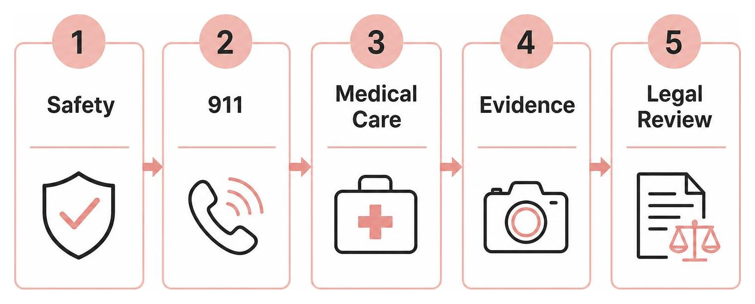 Post-accident timeline: safety, 911, medical care, evidence, legal review Post-accident timeline: safety, 911, medical care, evidence, legal review
