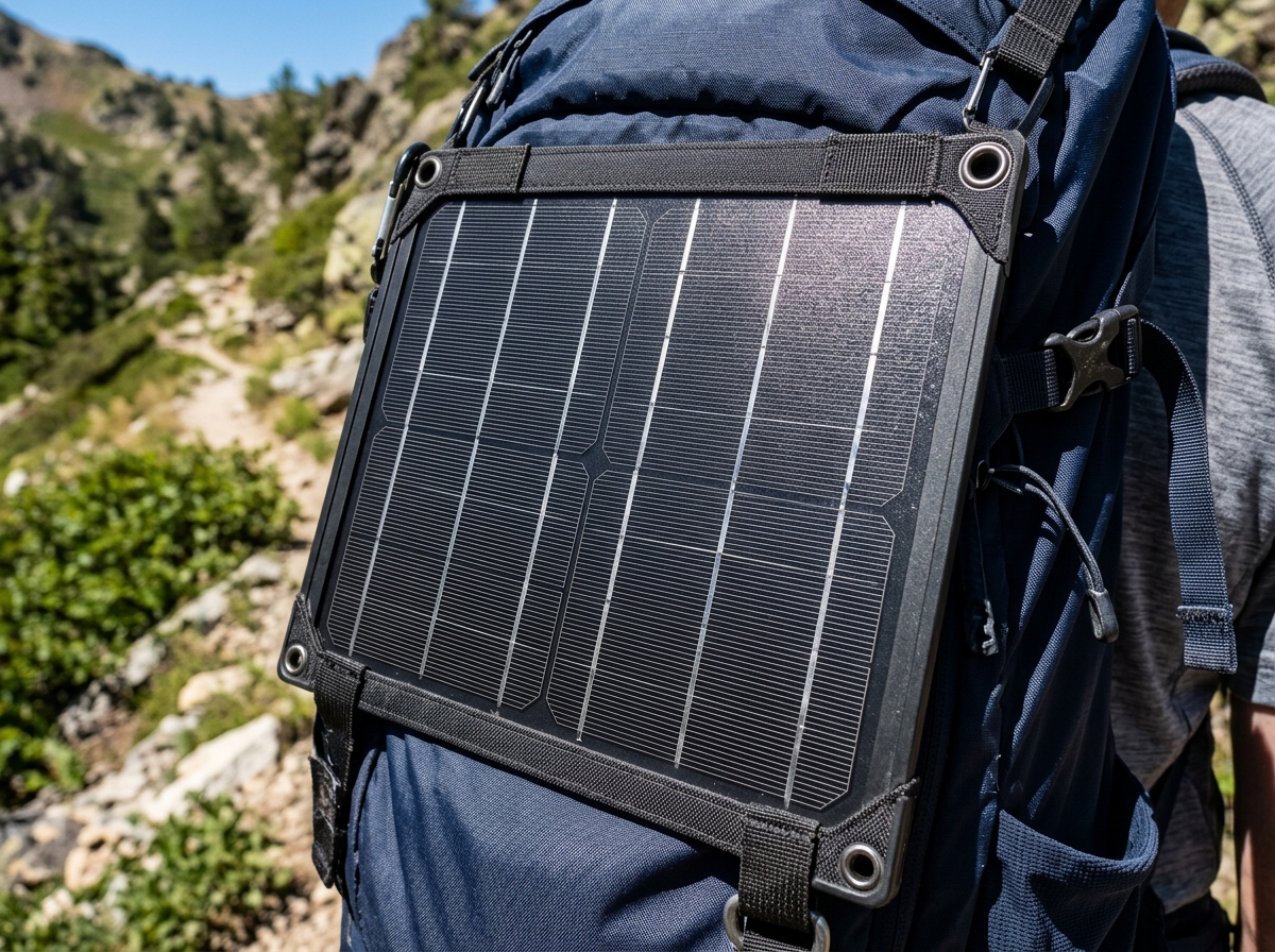 close-up of a high-efficiency monocrystalline solar panel on a backpack - solar backpack amazon