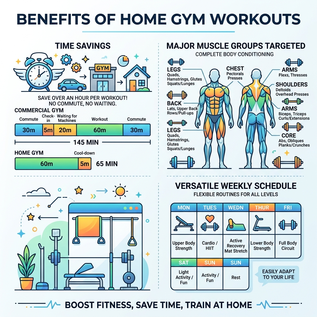 Benefits of home gym workouts infographic showing time savings, muscle groups, and weekly schedule - home gym workout