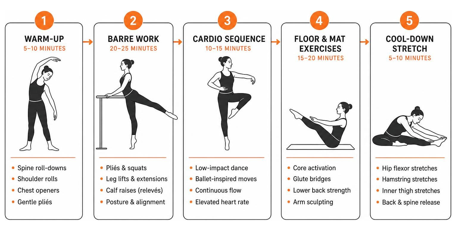 Step-by-step sequence of a standard ballet fitness workout routine Step-by-step sequence of a standard ballet fitness workout routine