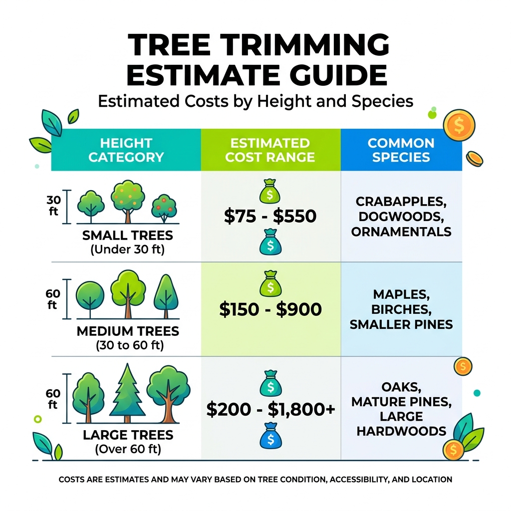 Table comparing tree trimming costs by height and common species - cost of tree trimming infographic Table comparing tree trimming costs by height and common species - cost of tree trimming infographic