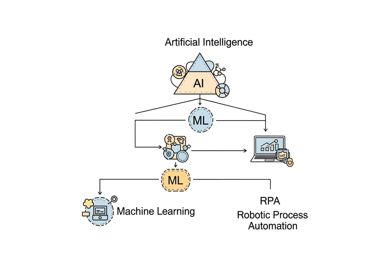 Diagram showing the relationship between AI, ML, and RPA within business automation - business automation
