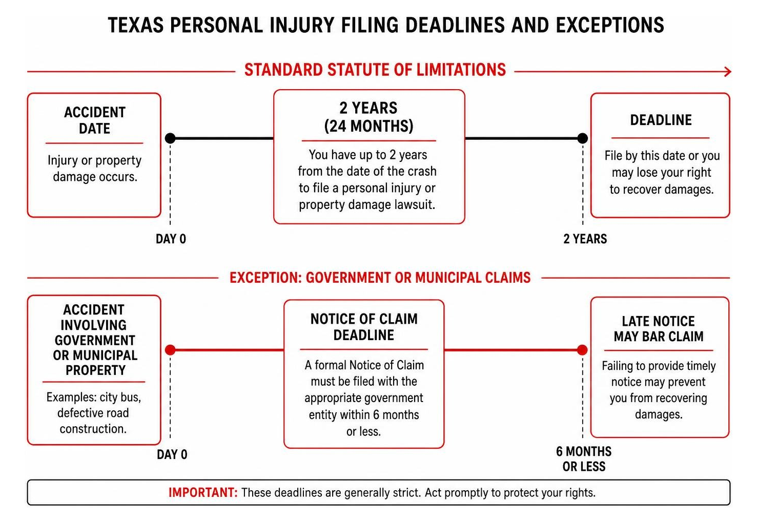 Timeline diagram of Texas personal injury filing deadlines and exceptions