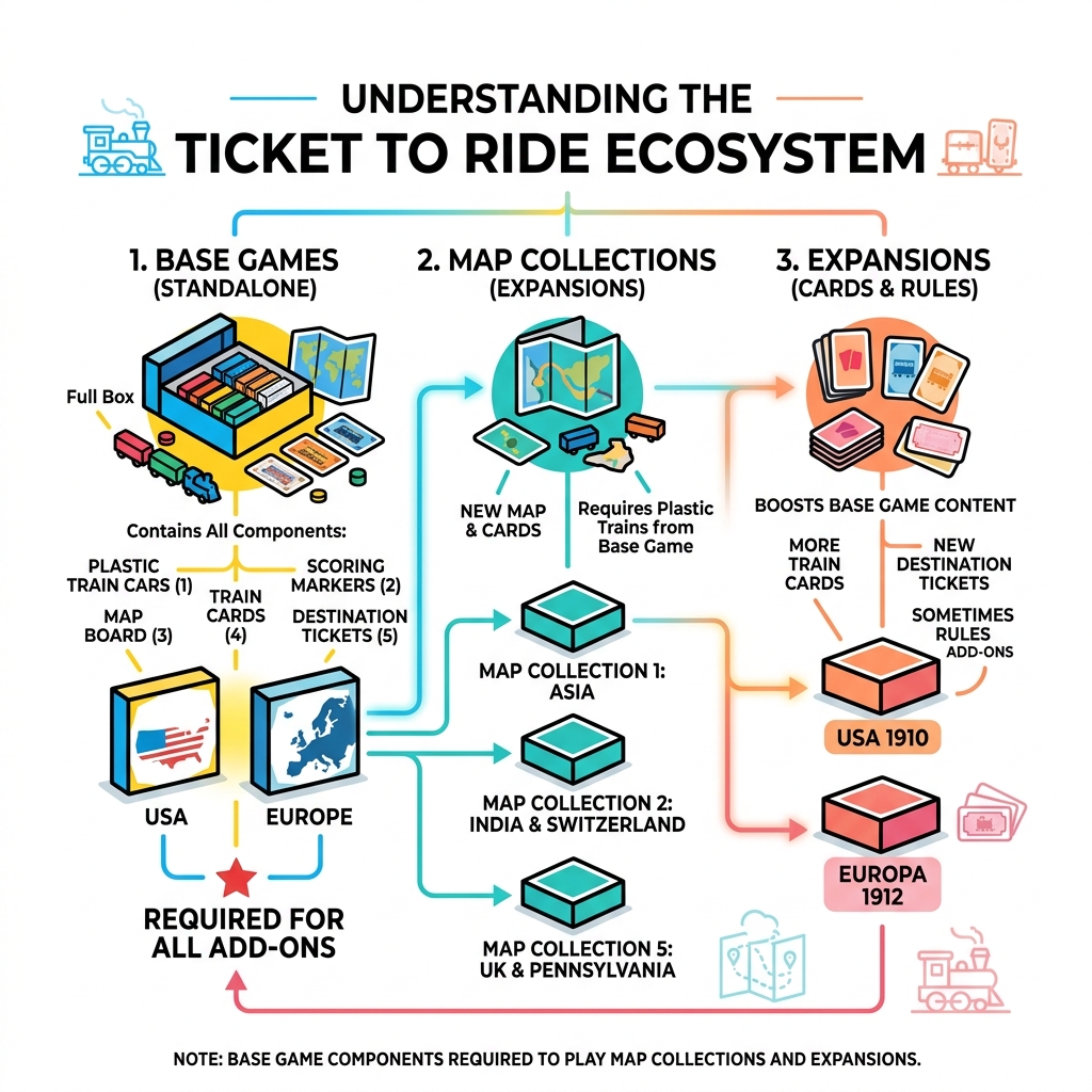 Ticket to Ride game ecosystem infographic showing base games, map collections, and expansions - best ticket to ride