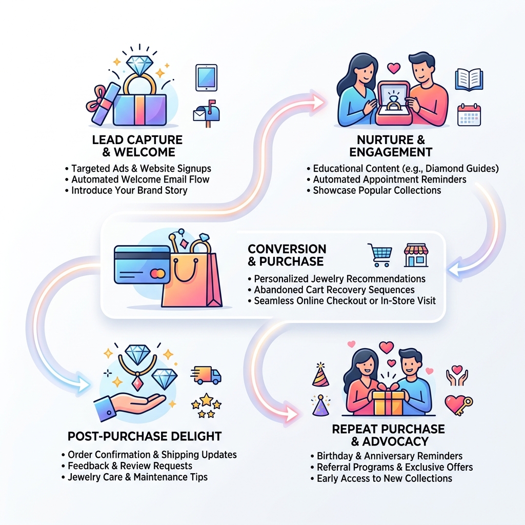 Automated jewelry customer journey from lead capture to repeat purchase infographic - Jewelry Marketing Automation