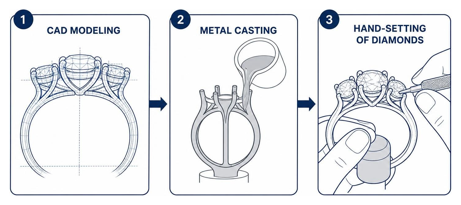 Custom design process diagram showing CAD modeling, metal casting, and hand-setting of diamonds Custom design process diagram showing CAD modeling, metal casting, and hand-setting of diamonds
