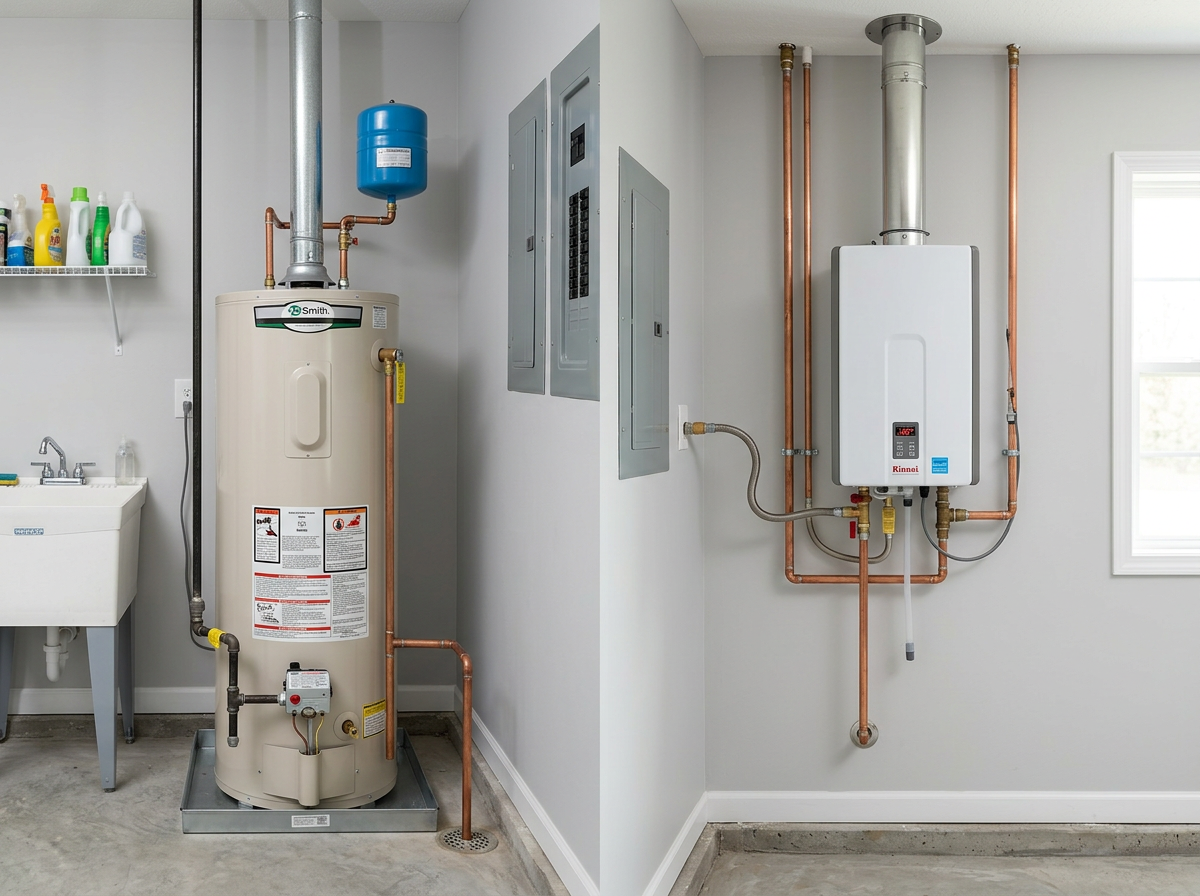 Side-by-side comparison of a traditional storage tank and a modern tankless water heater Side-by-side comparison of a traditional storage tank and a modern tankless water heater