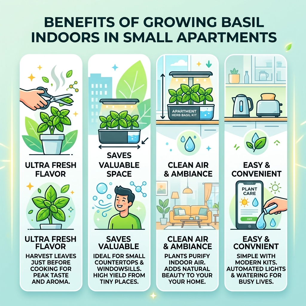 Benefits of growing basil indoors in small apartments infographic - apartment herb basil kit infographic 