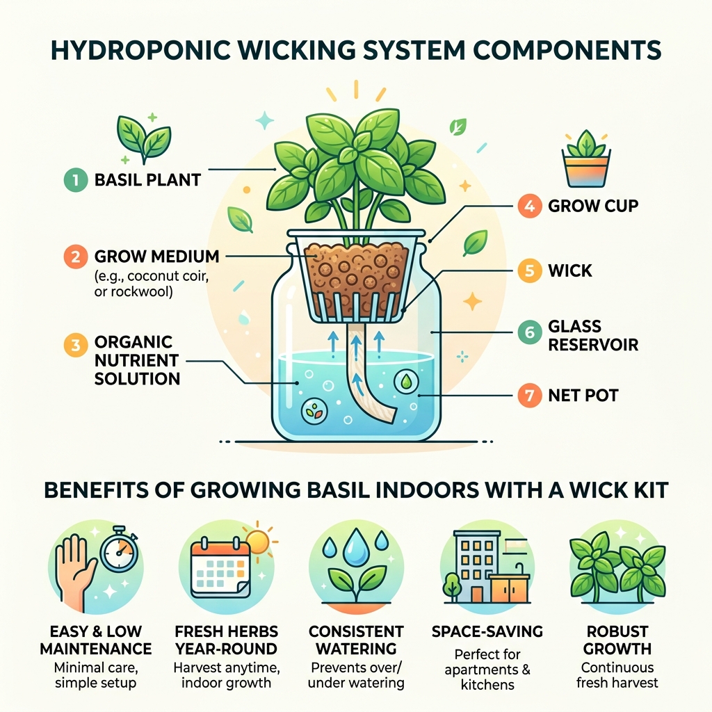 Infographic showing hydroponic wicking system components and benefits for growing basil indoors - organic hydro basil kit Infographic showing hydroponic wicking system components and benefits for growing basil indoors - organic hydro basil kit