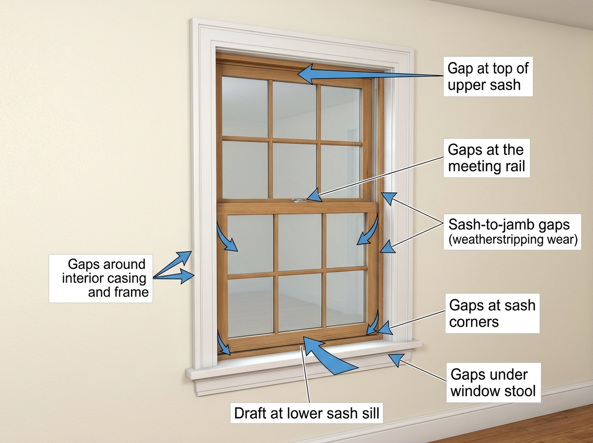 Diagram showing air leakage points around a window frame including the sash, sill, and casing - draft seal windows Diagram showing air leakage points around a window frame including the sash, sill, and casing - draft seal windows