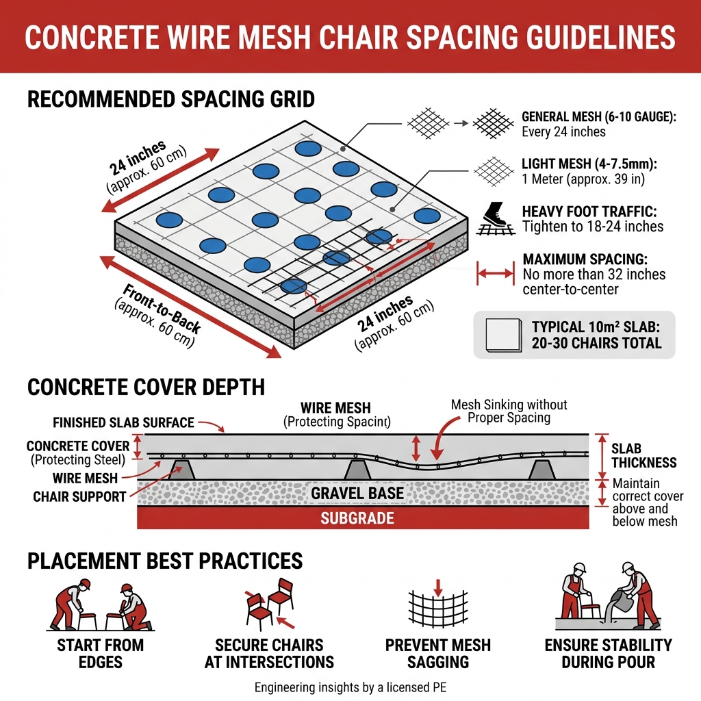 infographic showing concrete mesh chair spacing guidelines, cover depth, and chair placement grid - concrete wire mesh chair infographic showing concrete mesh chair spacing guidelines, cover depth, and chair placement grid - concrete wire mesh chair