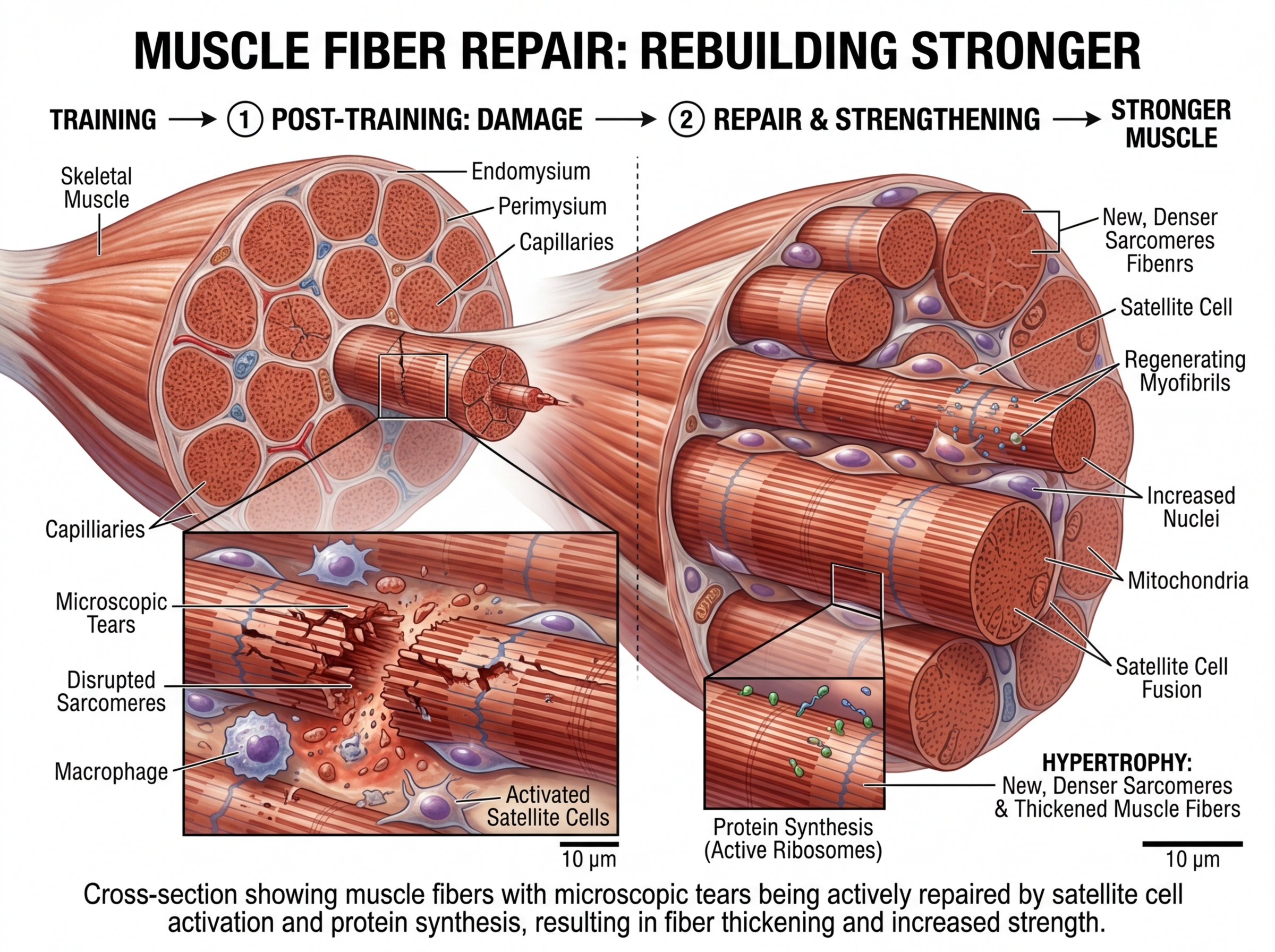 Illustration of muscle fiber repair and growth after resistance training - best at home workout routine to gain muscle