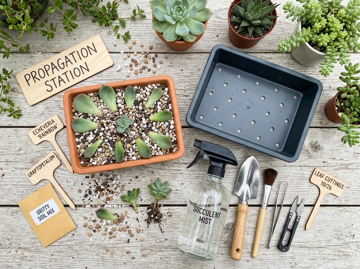 Propagation supplies including gritty soil, shallow trays, and misting bottles - how to propagate succulents from leaves