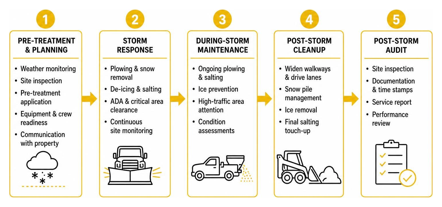 Diagram showing the commercial snow management workflow from pre-treatment to post-storm audit Diagram showing the commercial snow management workflow from pre-treatment to post-storm audit