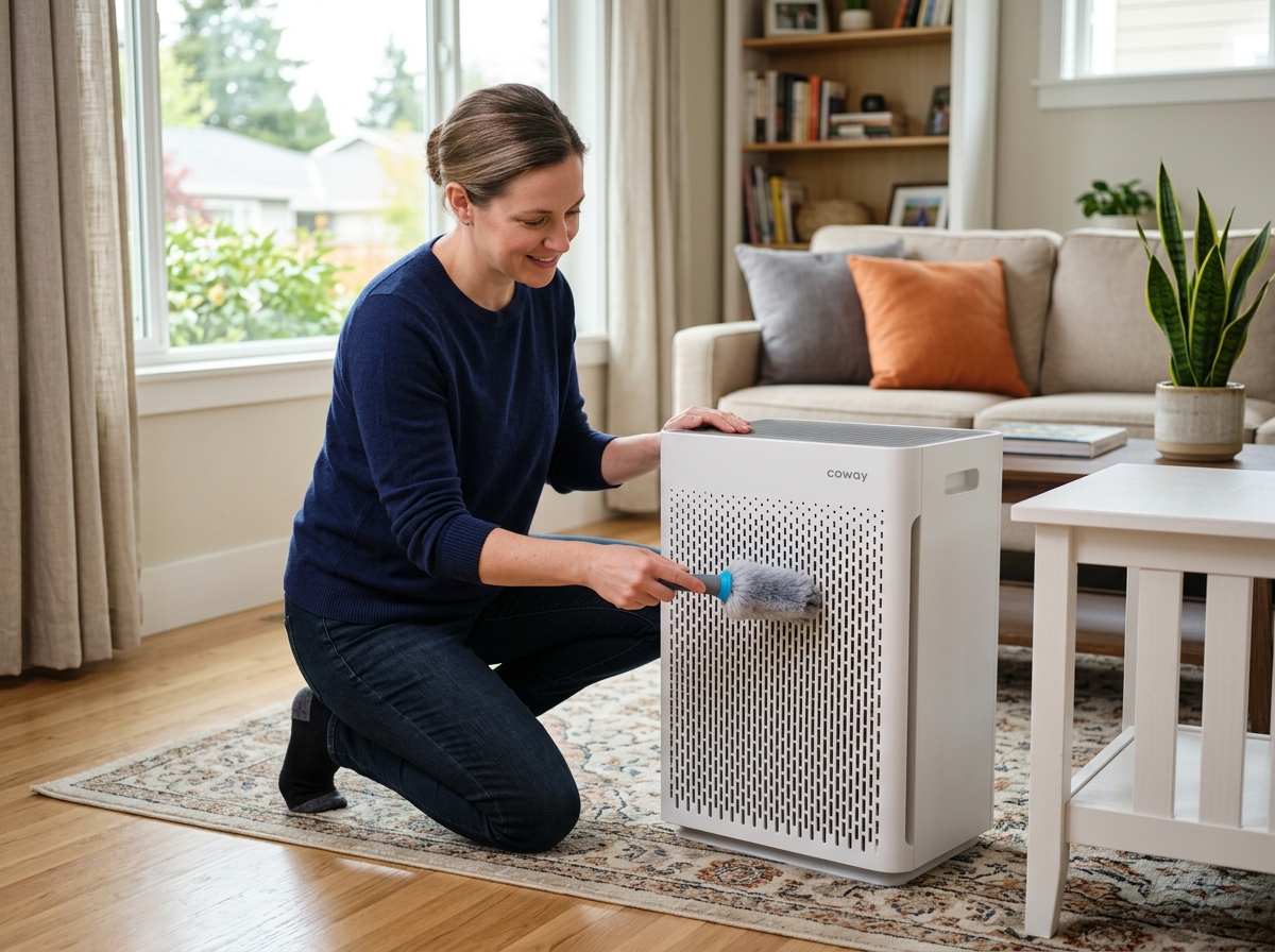 A person safely cleaning air purifier intake grills with a soft brush - air purifier maintenance tips A person safely cleaning air purifier intake grills with a soft brush - air purifier maintenance tips