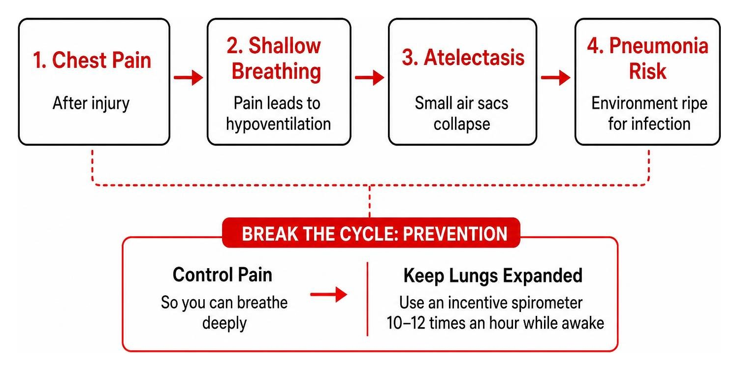 Path from chest pain to shallow breathing, atelectasis, and pneumonia prevention