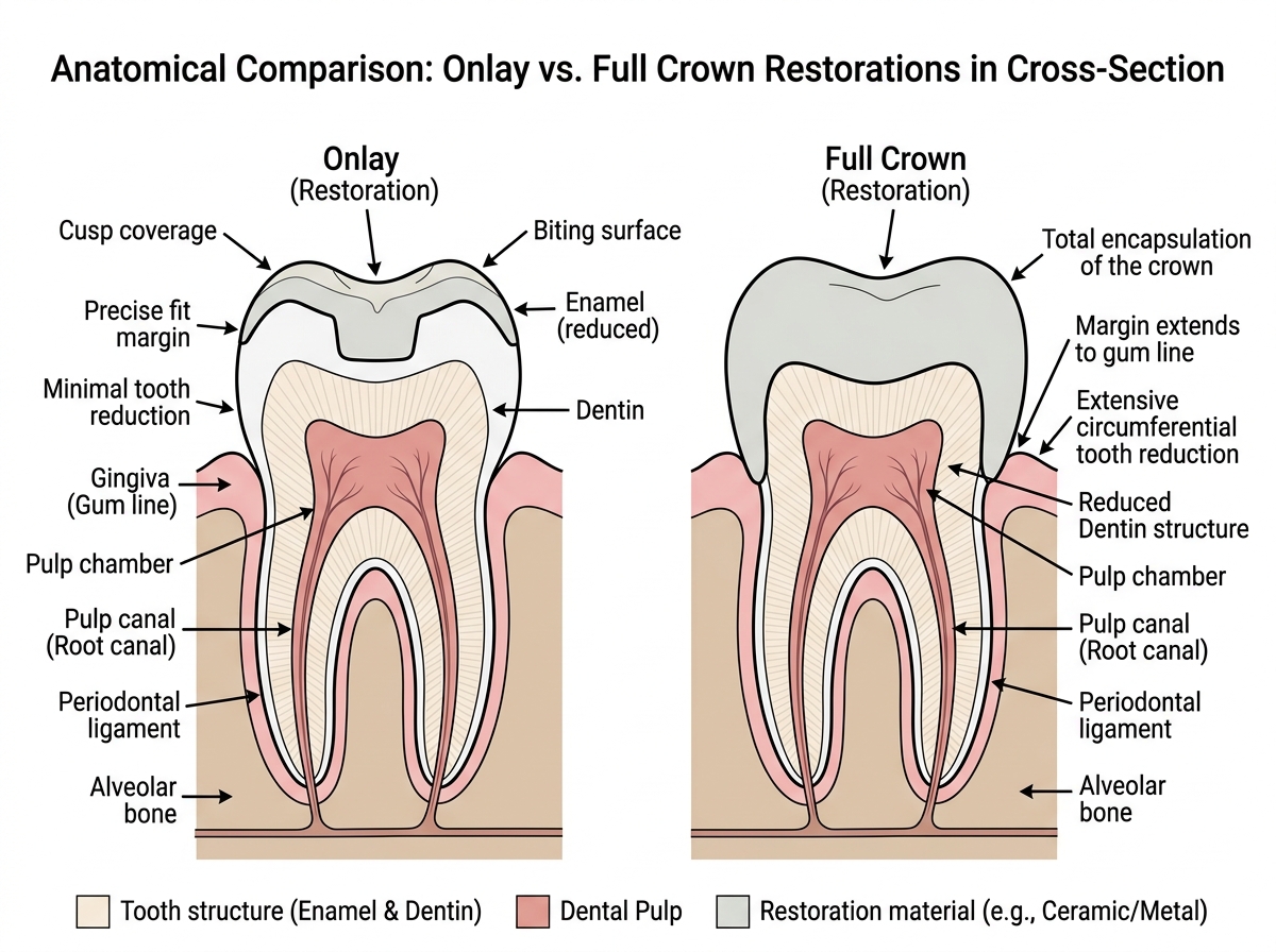 Diagram of tooth anatomy showing restoration margins for an onlay versus a full crown - onlay vs crown Diagram of tooth anatomy showing restoration margins for an onlay versus a full crown - onlay vs crown