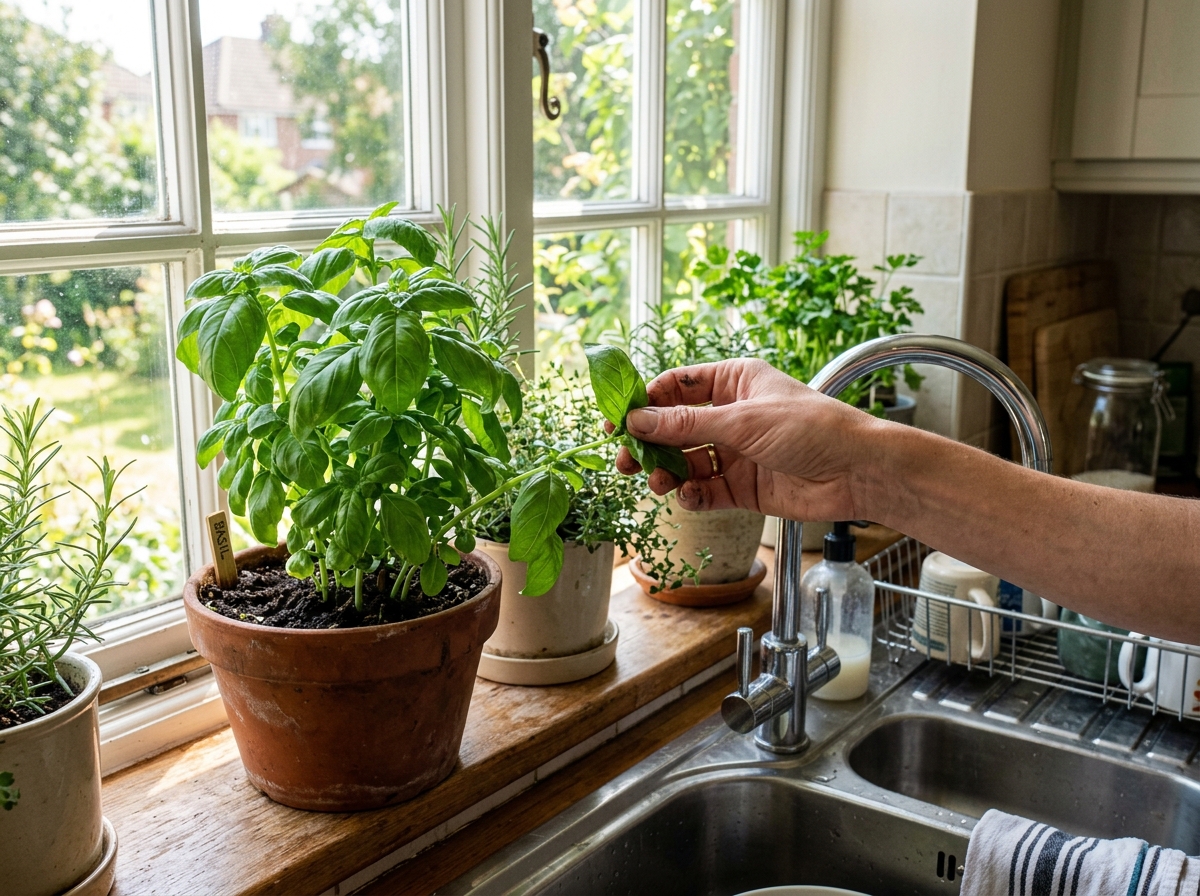 harvesting fresh basil from a kitchen window planter - kitchen window planter harvesting fresh basil from a kitchen window planter - kitchen window planter
