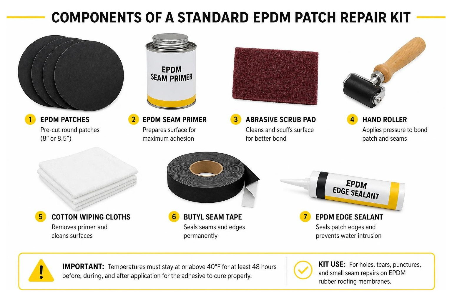 Diagram showing components of a standard EPDM patch repair kit