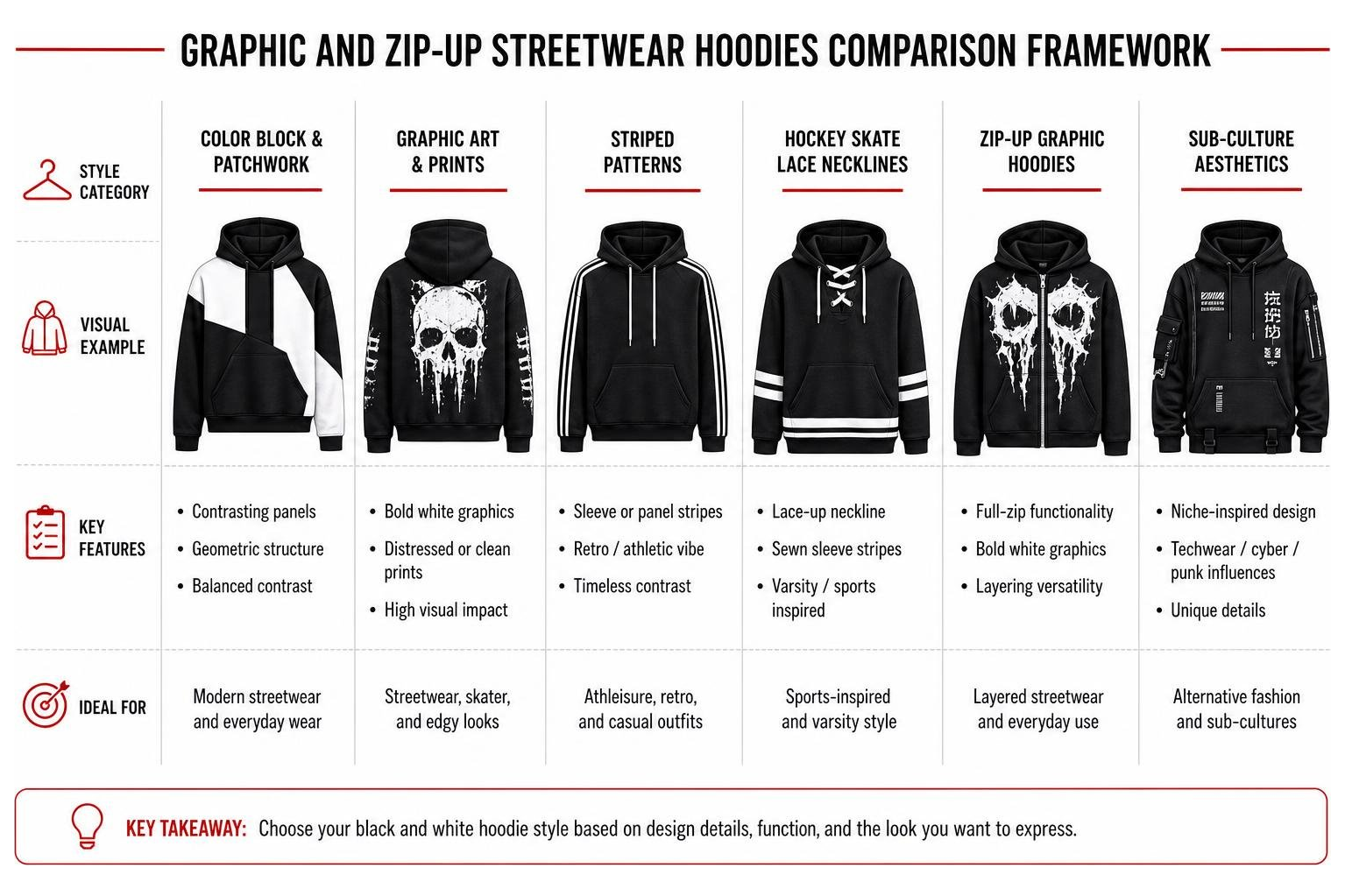 Graphic and zip-up streetwear hoodies comparison framework