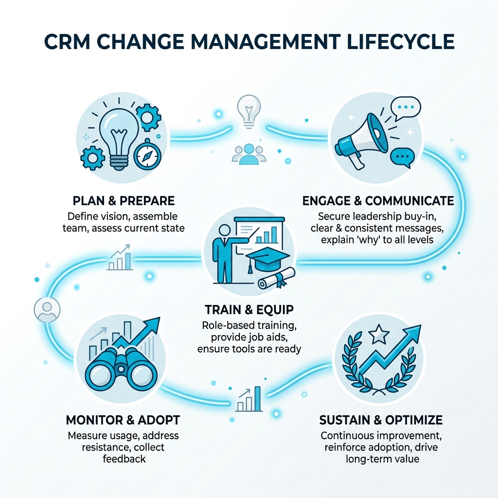 CRM change management lifecycle infographic from planning to sustained adoption - CRM change management infographic CRM change management lifecycle infographic from planning to sustained adoption - CRM change management infographic