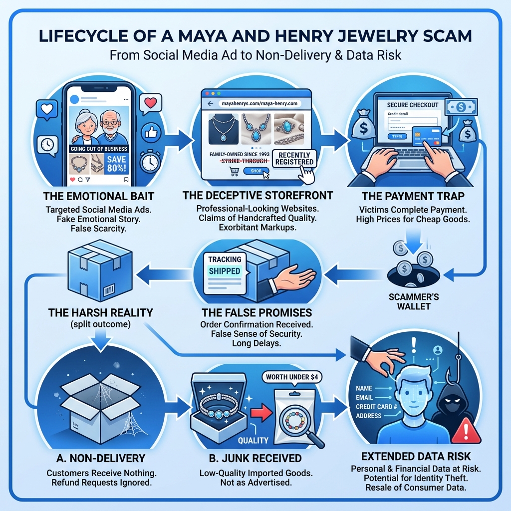 Lifecycle of a Maya and Henry jewelry scam from social media ad to non-delivery and data risk - maya and henry jewelry scam