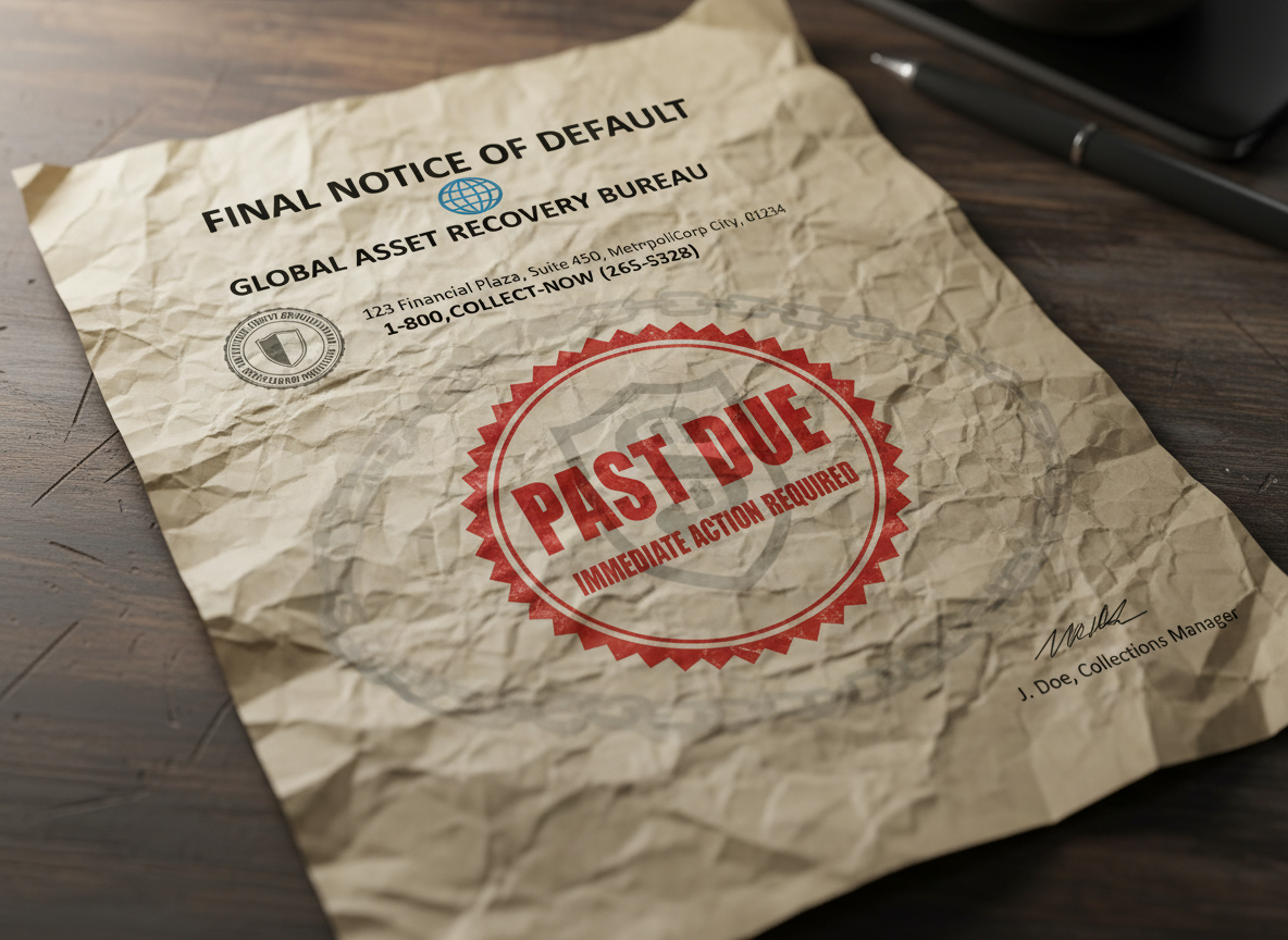 A "Past Due" stamp on a fraudulent document representing a phantom debt collection scam - phantom debt collection scam A "Past Due" stamp on a fraudulent document representing a phantom debt collection scam - phantom debt collection scam