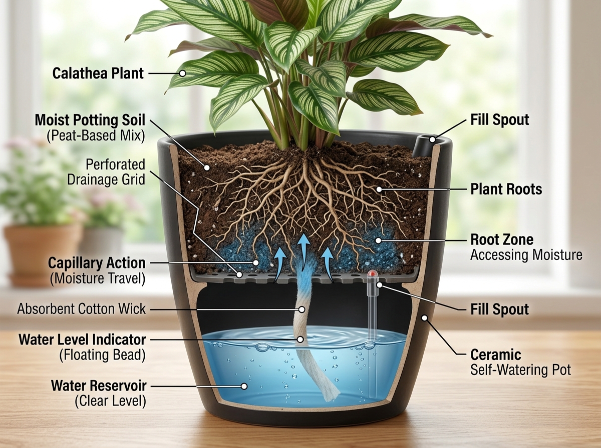 cross-section of a self-watering pot showing the reservoir and wicking system - plants for self watering pots