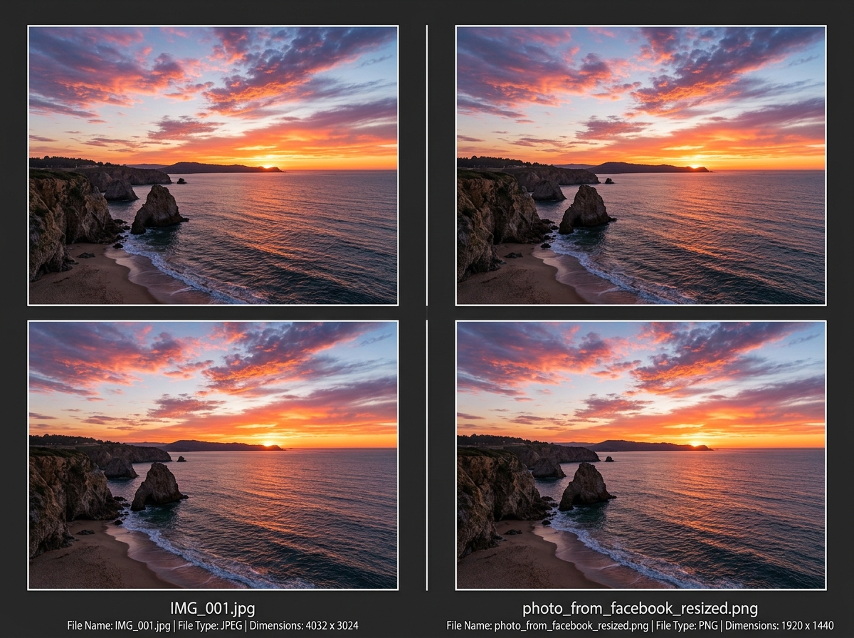 A side-by-side image comparison showing two visually identical photos with different file names - photo duplicate remover