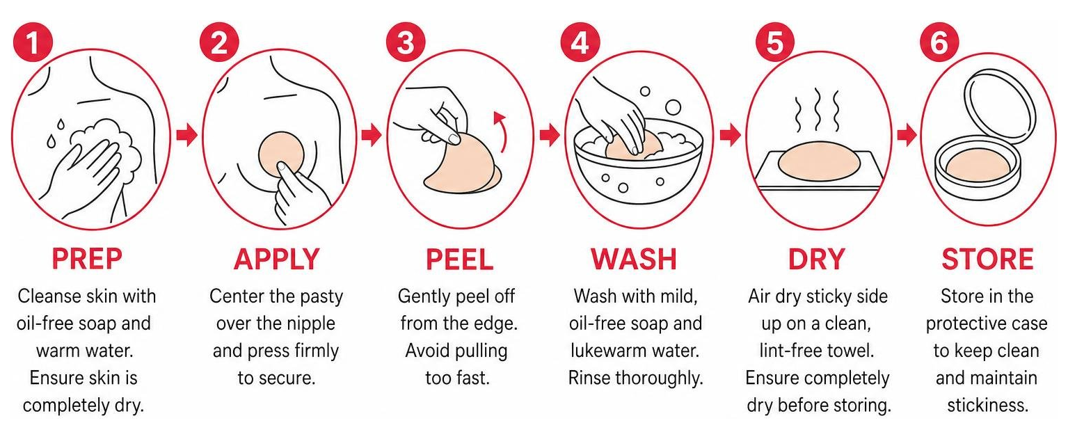 diagram showing step-by-step pasties care: prep, apply, peel, wash, dry, store diagram showing step-by-step pasties care: prep, apply, peel, wash, dry, store