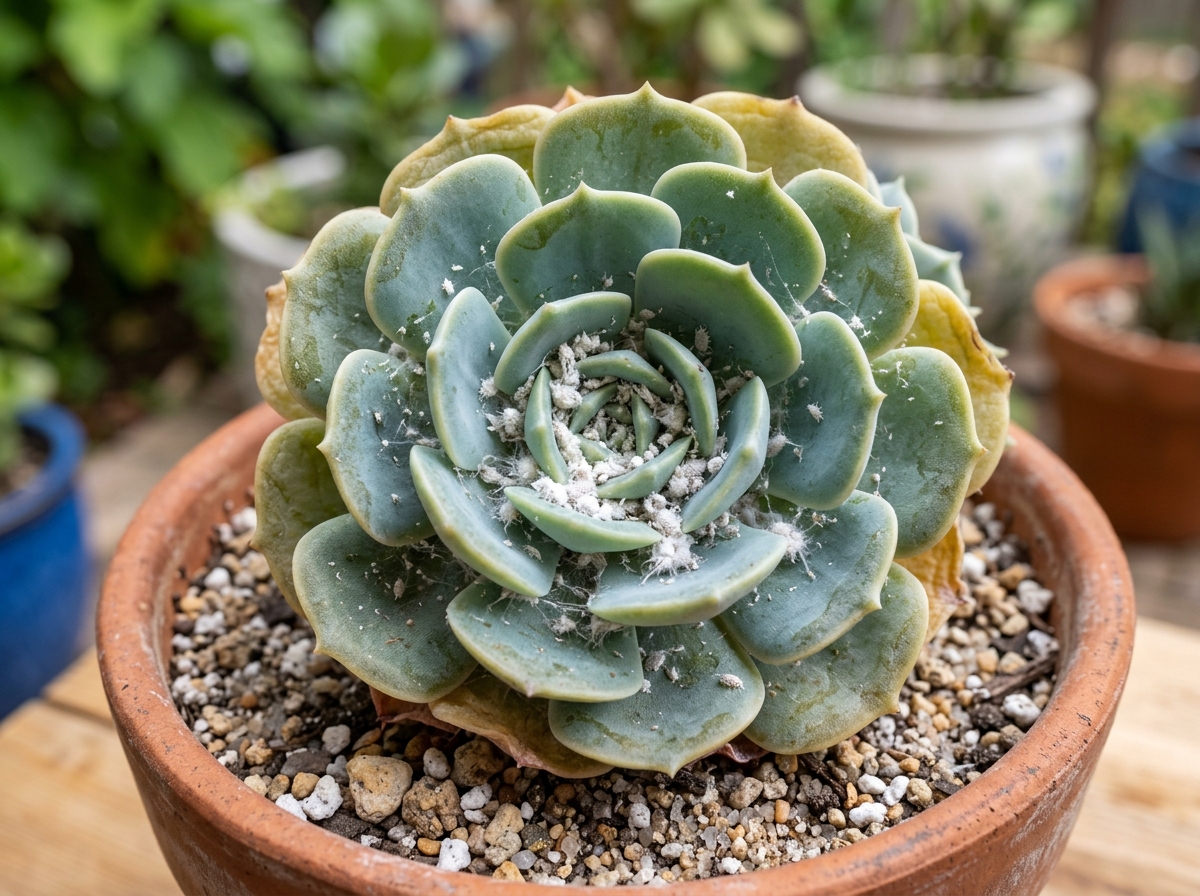mealybugs on an Echeveria - indoor succulent pest prevention