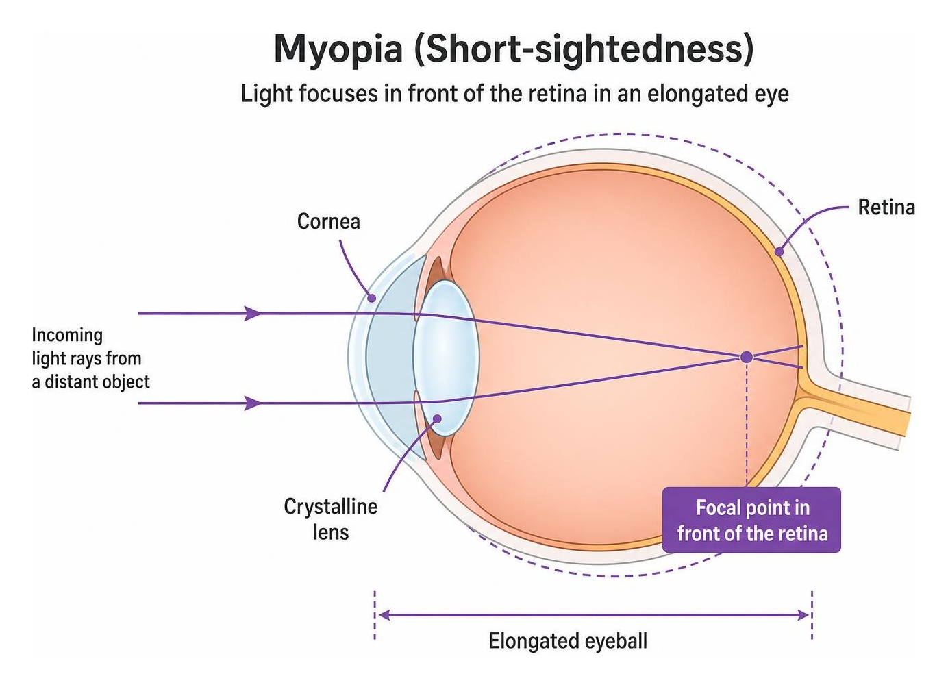 Diagram showing light rays focusing in front of the retina in an elongated eye Diagram showing light rays focusing in front of the retina in an elongated eye
