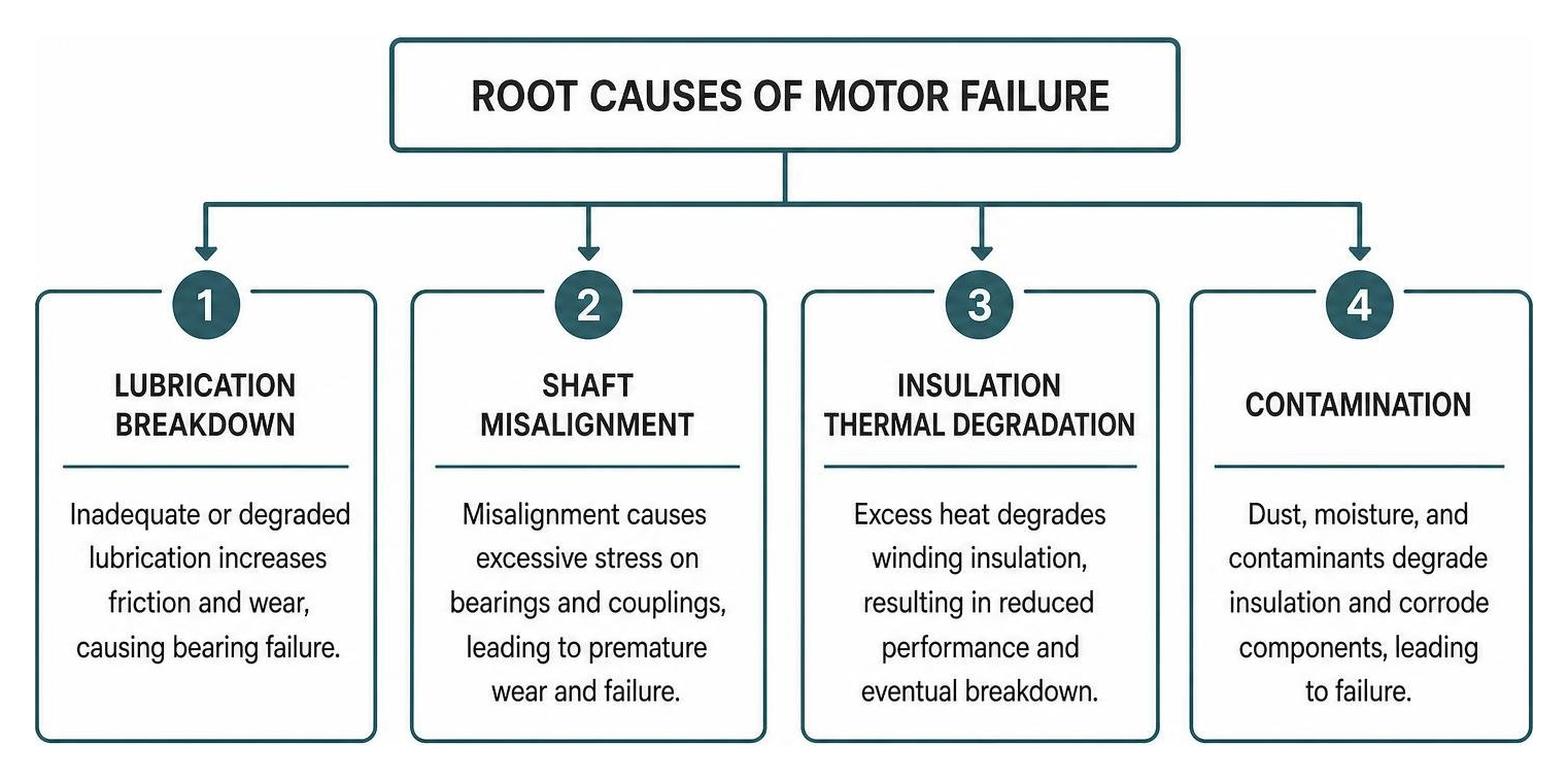 Diagram detailing root causes of motor failure: lubrication breakdown, shaft misalignment, insulation thermal degradation