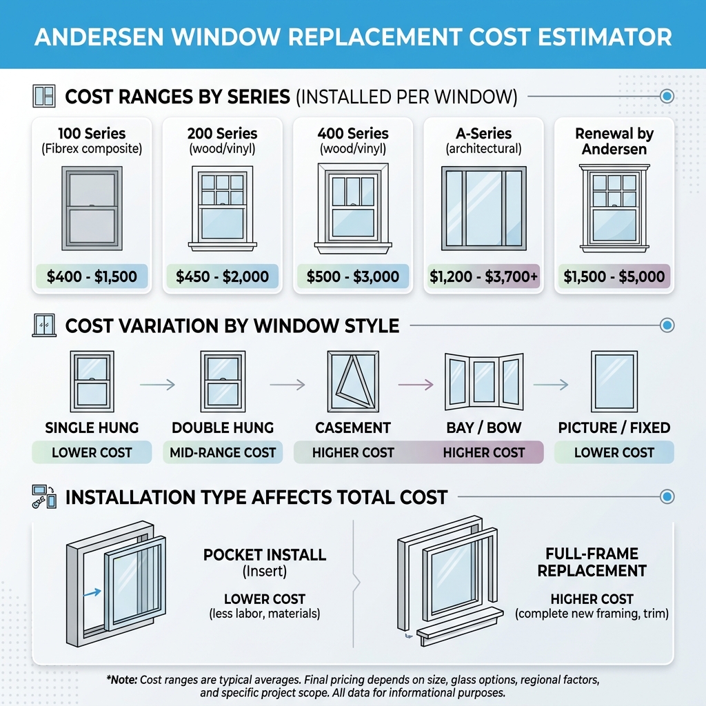 Infographic showing Andersen window replacement cost ranges by series, style, and installation type - andersen window Infographic showing Andersen window replacement cost ranges by series, style, and installation type - andersen window