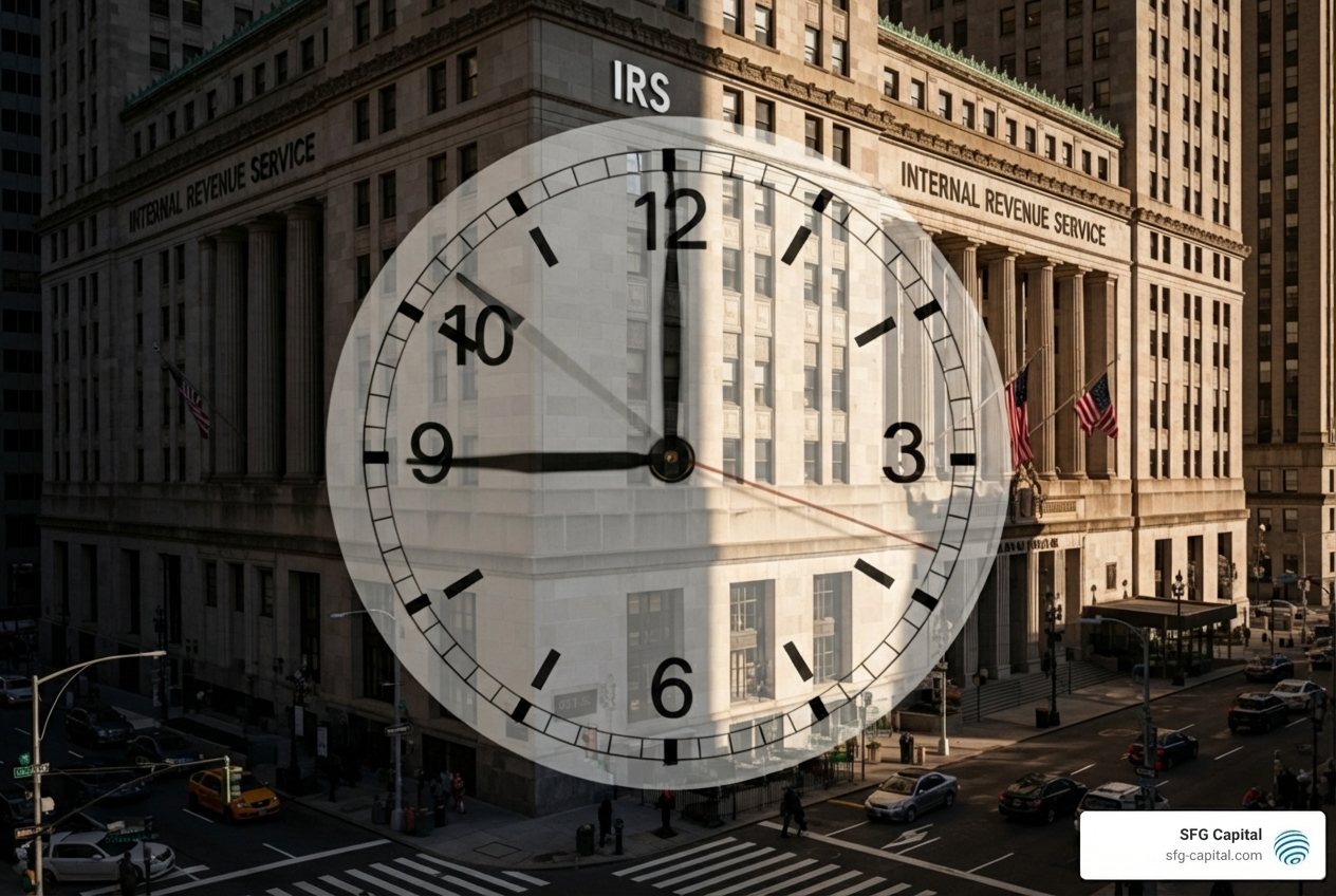 IRS building with a clock overlay indicating delays - ERC refund companies IRS building with a clock overlay indicating delays - ERC refund companies