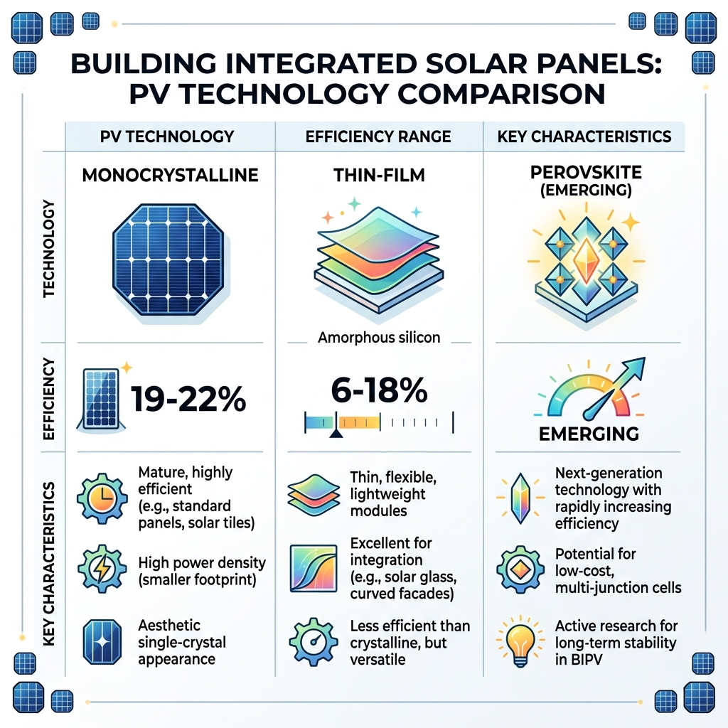 Table comparing PV technologies: Monocrystalline (19-22% efficiency), Thin-film (6-18% efficiency), and Perovskite Table comparing PV technologies: Monocrystalline (19-22% efficiency), Thin-film (6-18% efficiency), and Perovskite