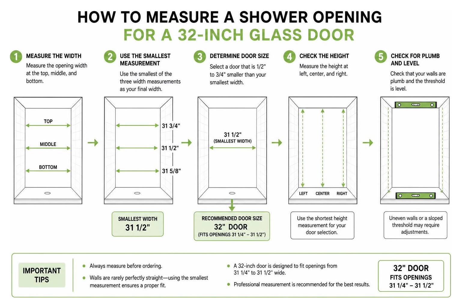 Diagram showing how to measure a shower opening for a 32-inch glass door