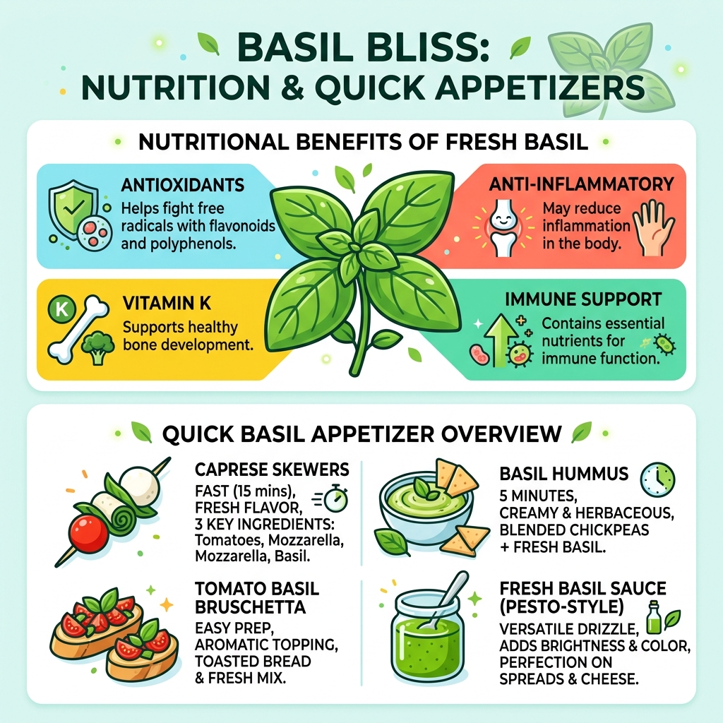 Nutritional benefits of basil and quick basil appetizer overview infographic - appetizers using basil infographic Nutritional benefits of basil and quick basil appetizer overview infographic - appetizers using basil infographic