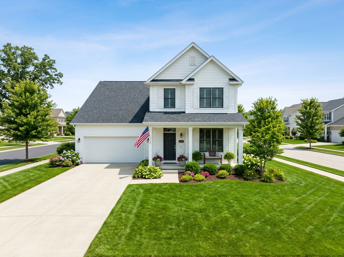 A home with pristine, algae-free white vinyl siding after a soft wash treatment - soft wash exterior cleaning