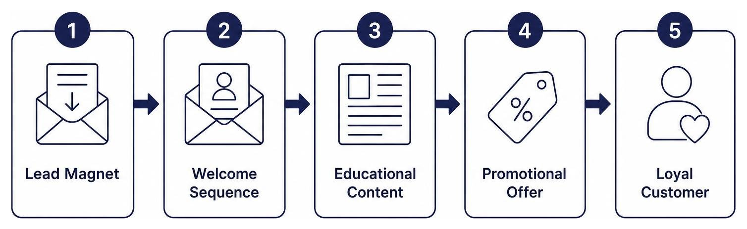 Diagram showcasing the customer journey from email signup to purchase: Lead Magnet to Welcome Sequence to Educational Diagram showcasing the customer journey from email signup to purchase: Lead Magnet to Welcome Sequence to Educational