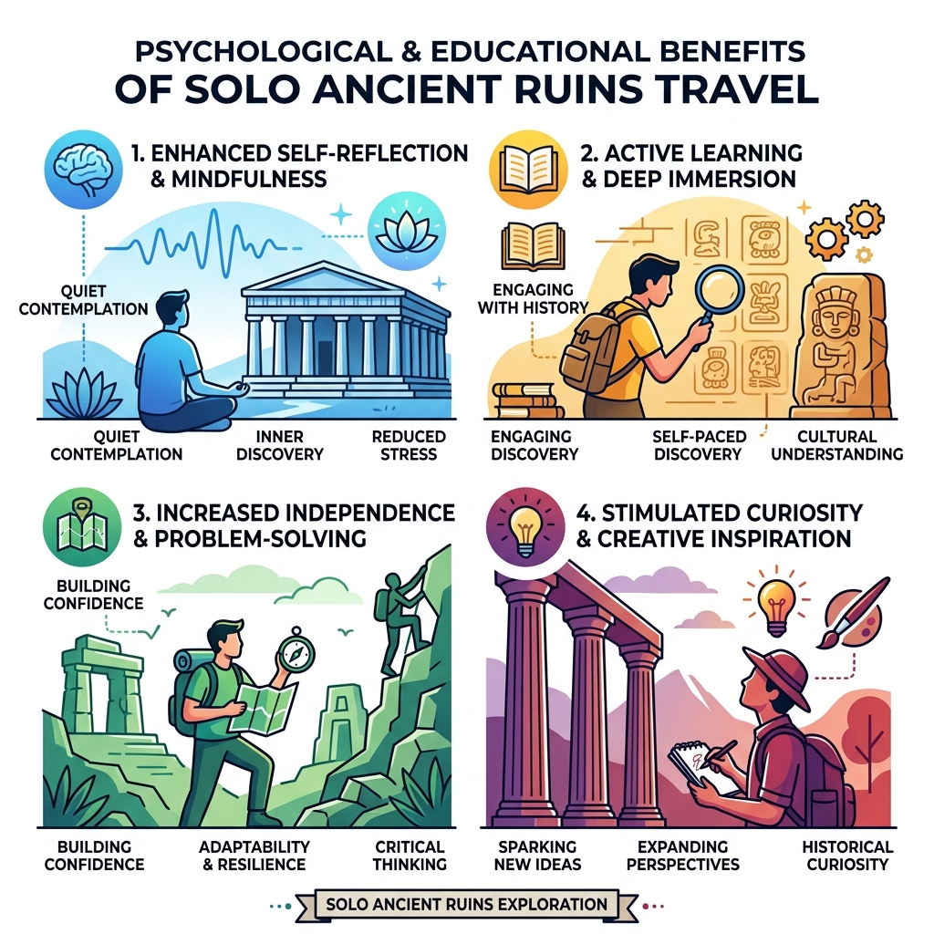 Psychological and educational benefits of solo ancient ruins travel infographic - ancient ruins solo exploration infographic 
