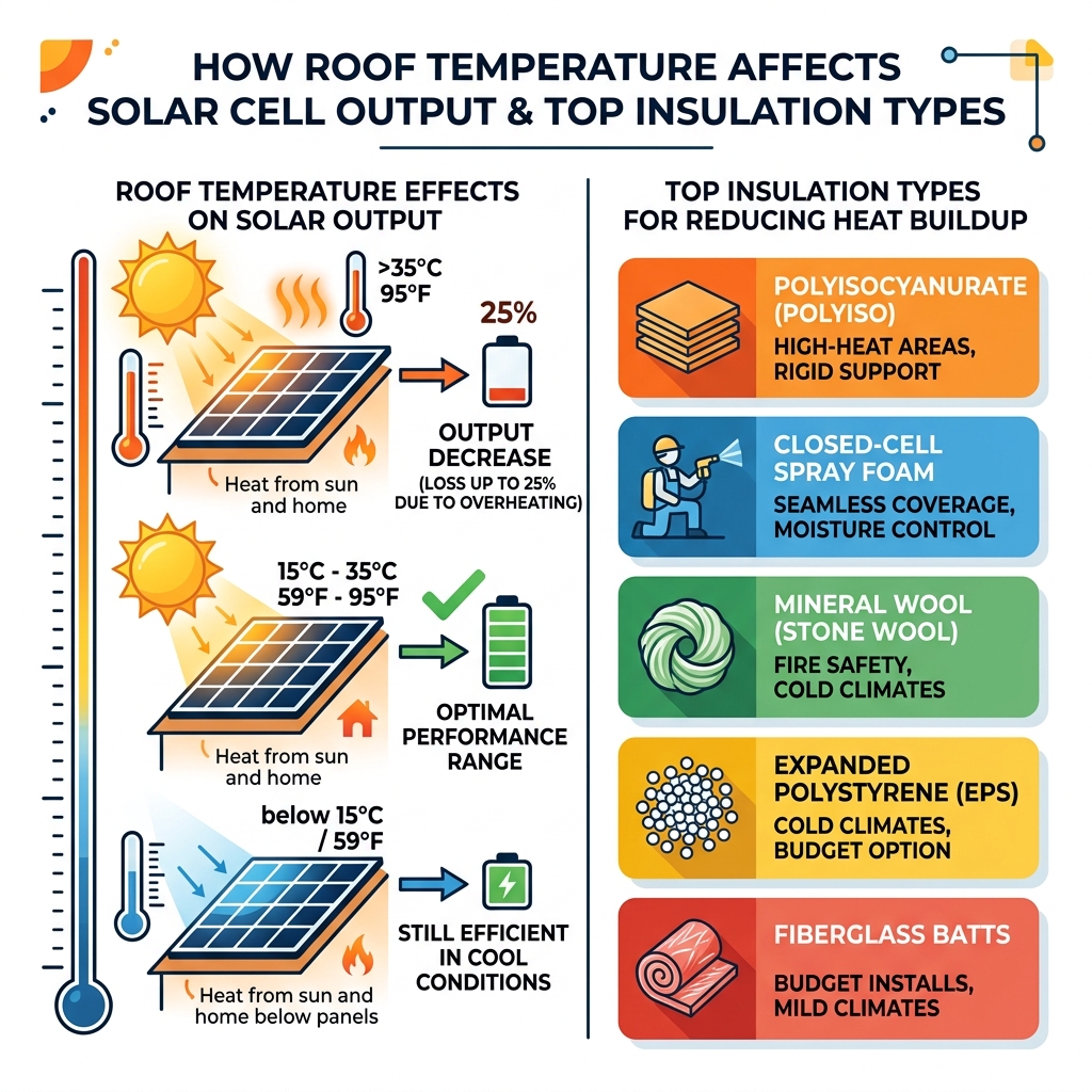 Infographic showing how roof temperature affects solar cell output and which insulation types reduce heat buildup most
