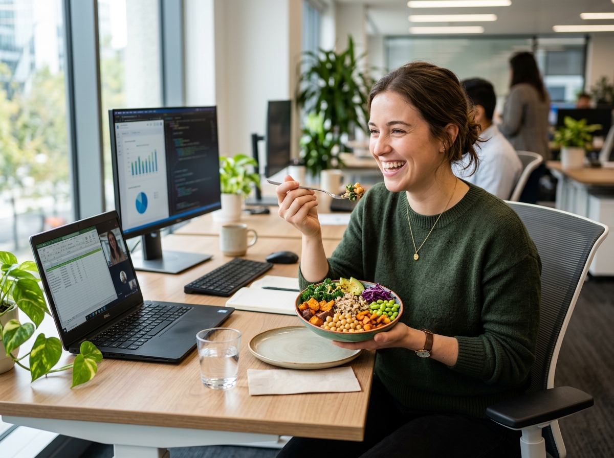 Person enjoying a fresh grain bowl at an office desk - cold meal prep lunches Person enjoying a fresh grain bowl at an office desk - cold meal prep lunches
