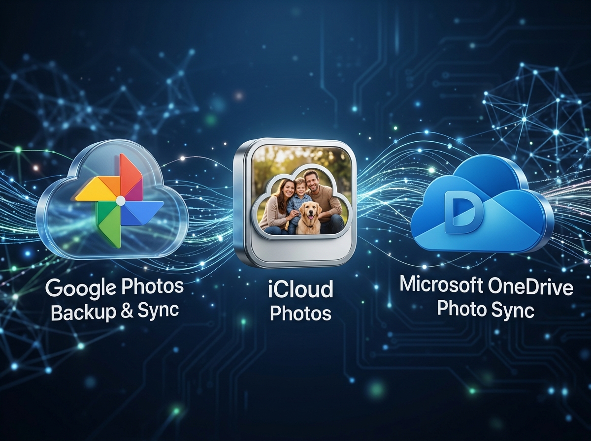 Cloud synchronization icons representing various photo backup services - automatic photo backup iphone