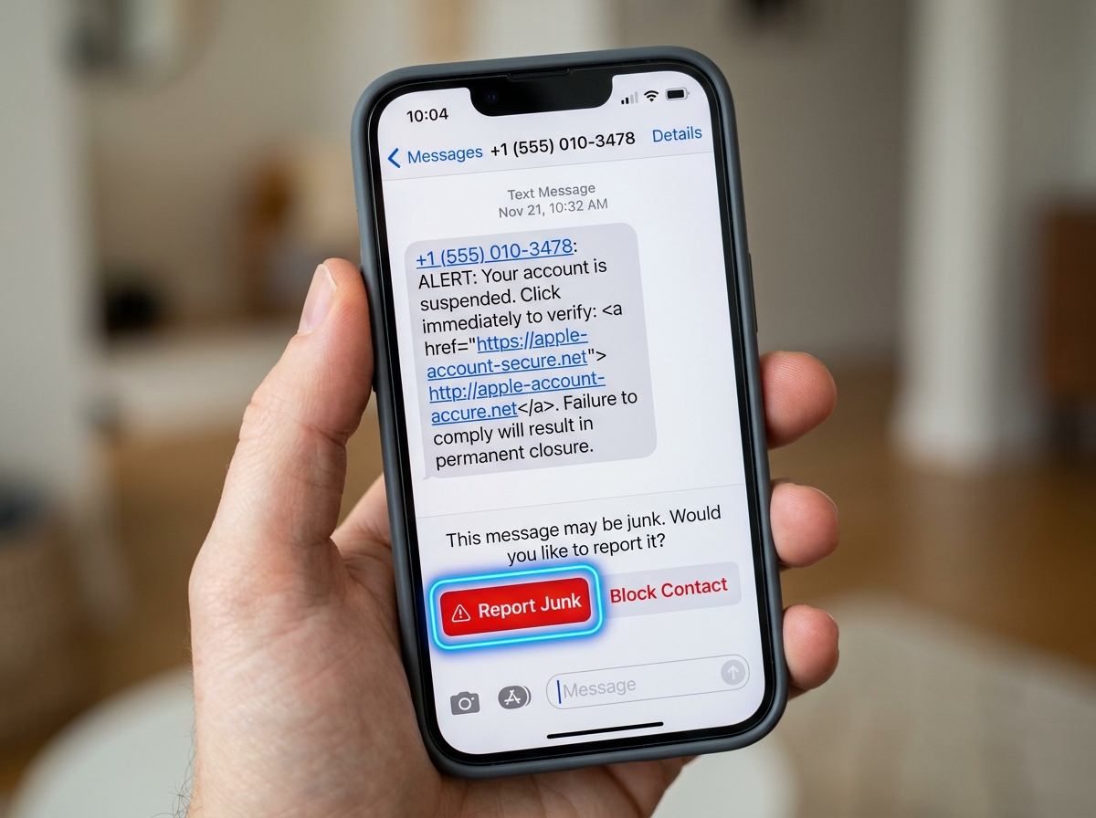 Smartphone screen showing the "Report Junk" and "Block Contact" features - tx dmv scam text Smartphone screen showing the "Report Junk" and "Block Contact" features - tx dmv scam text