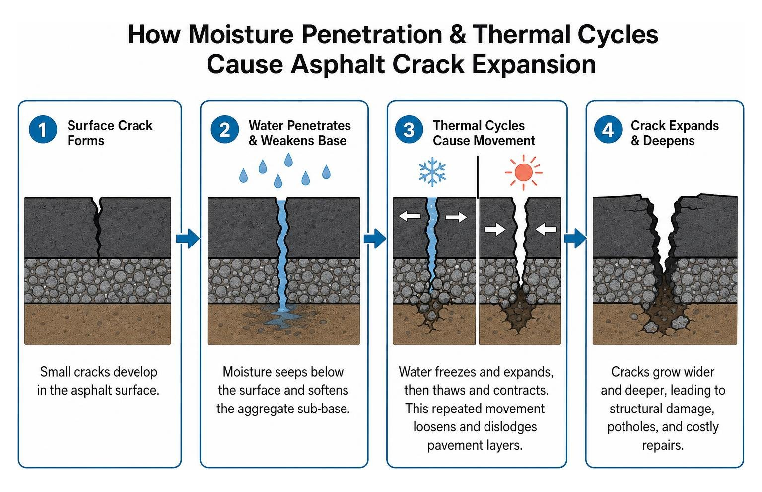 Diagram showing how moisture penetration and thermal cycles cause asphalt crack expansion Diagram showing how moisture penetration and thermal cycles cause asphalt crack expansion