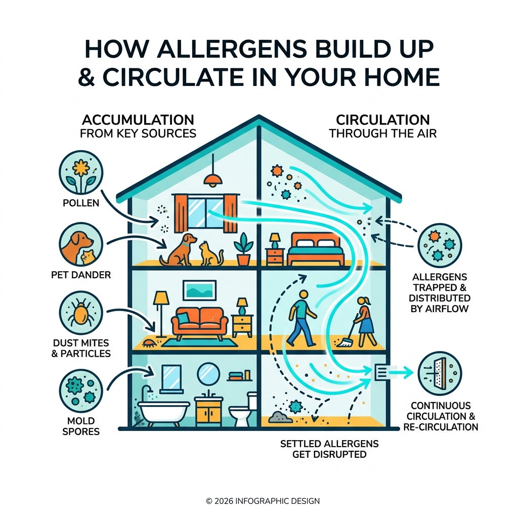Infographic showing how indoor allergens like pollen, pet dander, dust, and mold accumulate and circulate in a home Infographic showing how indoor allergens like pollen, pet dander, dust, and mold accumulate and circulate in a home