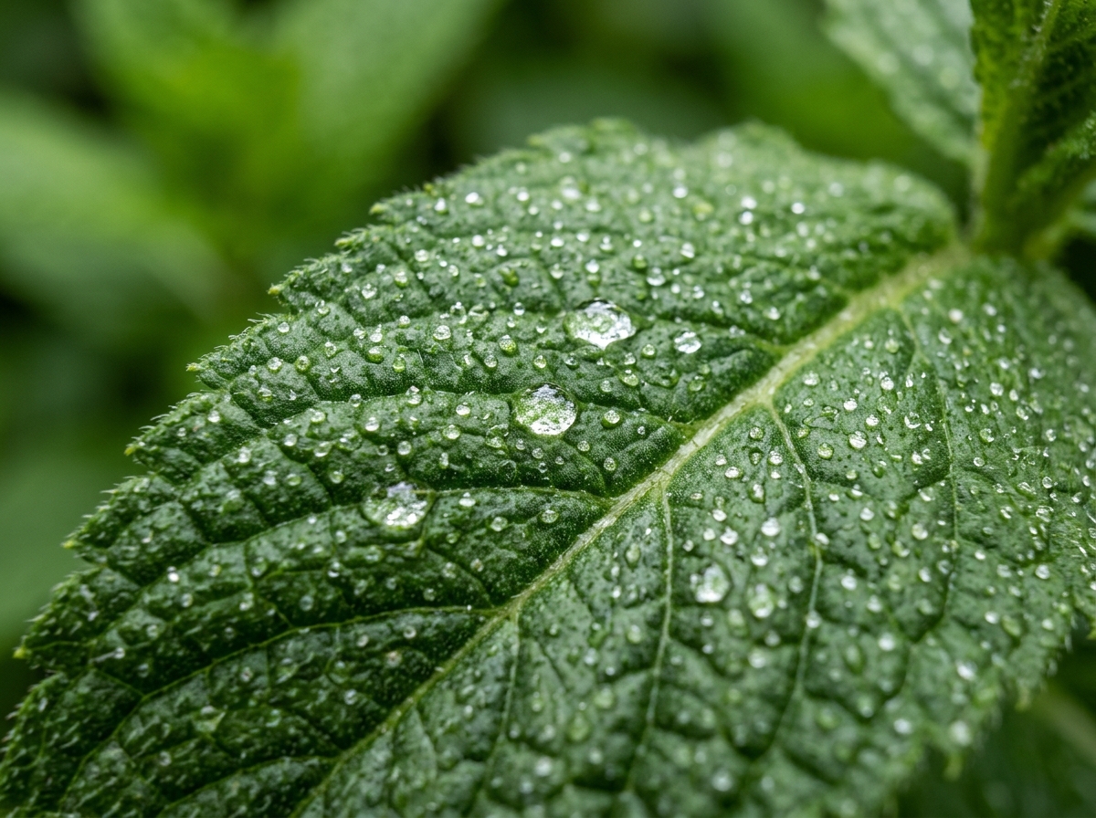 Close up of essential oil glands on the surface of a mint leaf - aromatic herbs pest solutions Close up of essential oil glands on the surface of a mint leaf - aromatic herbs pest solutions