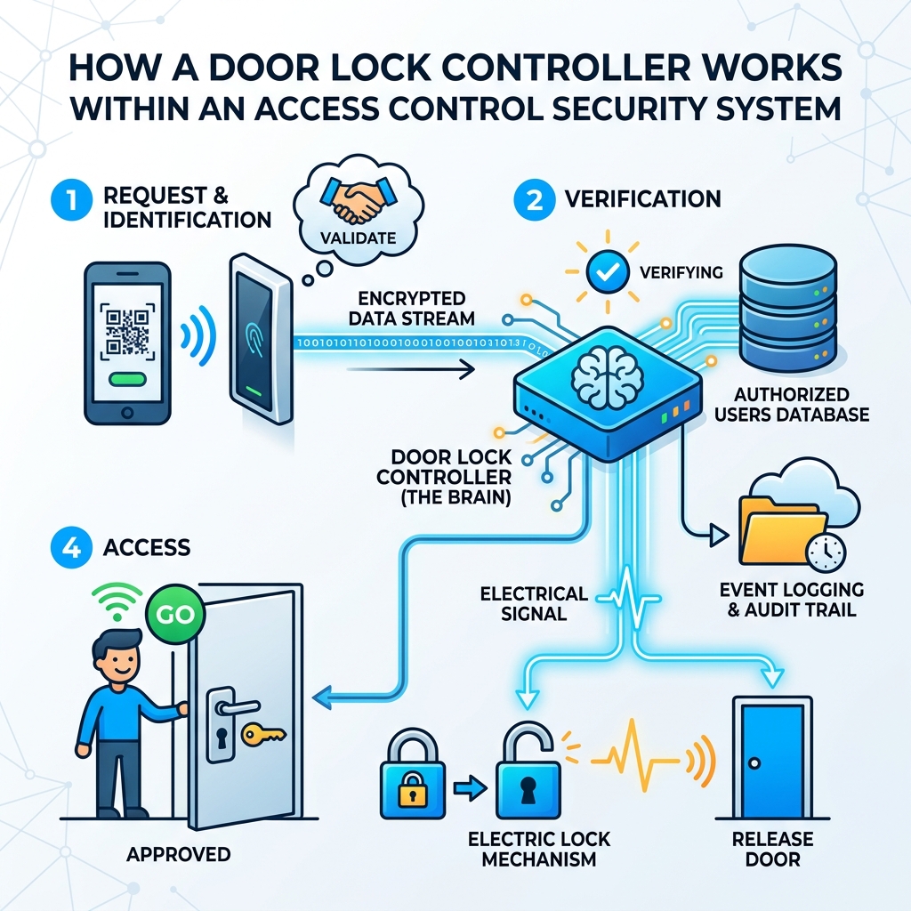 How a door lock controller works within an access control security system - door lock controller infographic How a door lock controller works within an access control security system - door lock controller infographic